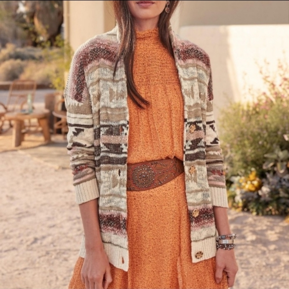 Sundance Chenoa Western Aztec Print Cardigan Sweater Tan Cream Blush S